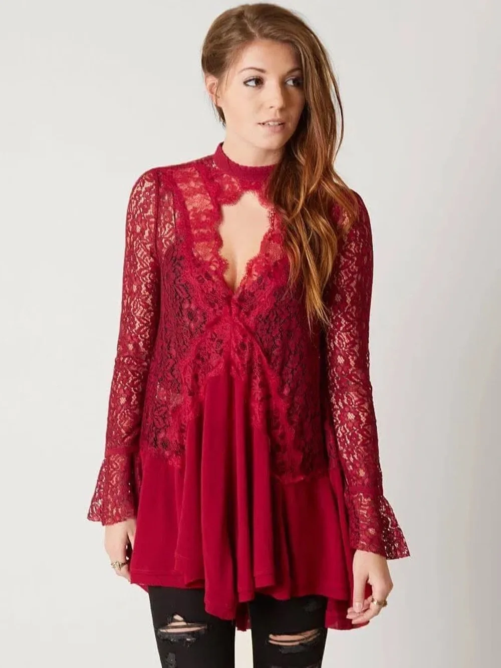 Free People Tell Tale Cut Out Lace Tunic Red XS NWOT